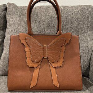 Brown Faux Leather Butterfly Tote & Wallet Set